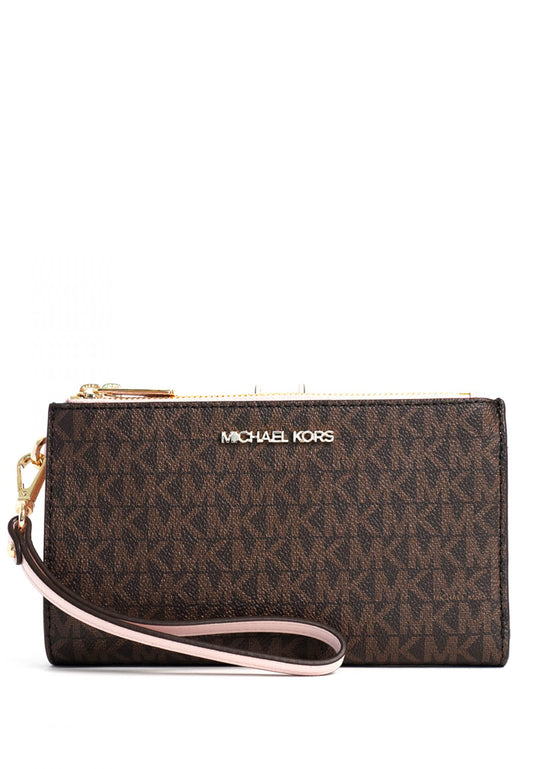 Michael Kors Jet Set Travel Large Double Zip Wristlet In Signature - Brown/Pink