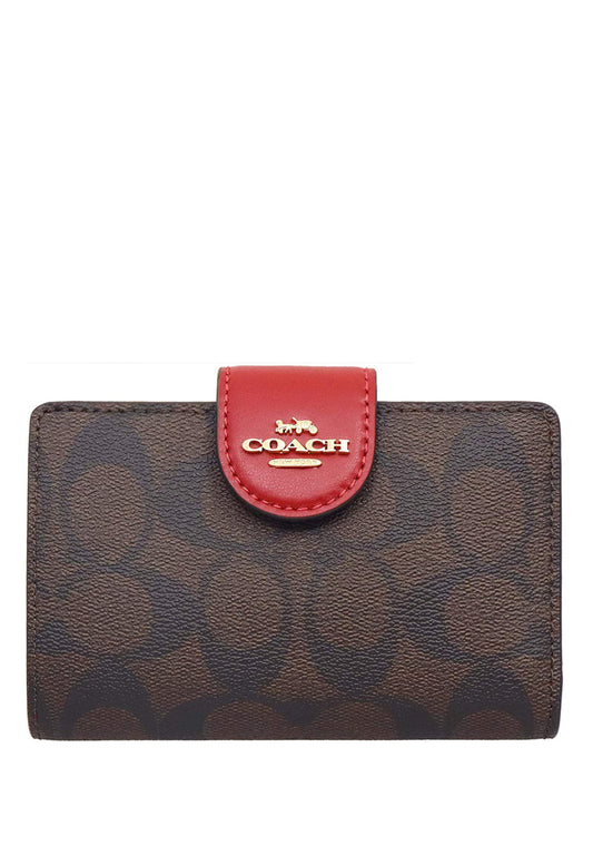 Coach Medium Corner Zip Wallet In Signature Canvas - Dark Brown/Red