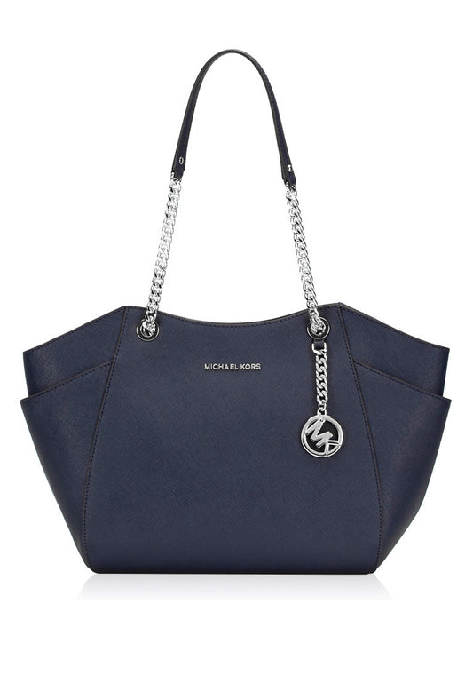 Michael Kors Jet Set Travel Large Chain Shoulder Leather Bag - Navy(Silver Logo)