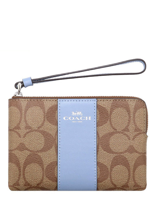 Coach Corner Zip Wristlet In Signature Canvas - Brown/Marble Blue