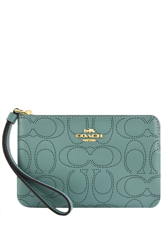 Coach Perforated Signature Leather Small Corner Zip Wristlet - Marine