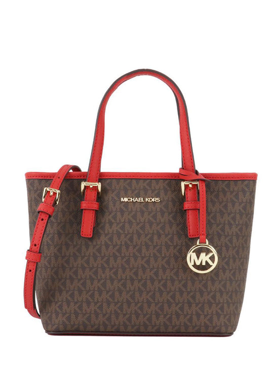 Michael Kors Jet Set Travel Extra-Small Logo Top-Zip Tote Bag - Dark Brown/Red