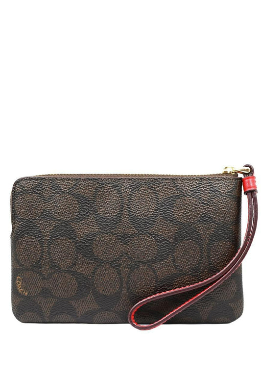 Coach Corner Zip Wristlet In Signature Canvas With Stripe - Walnut/Bold Red