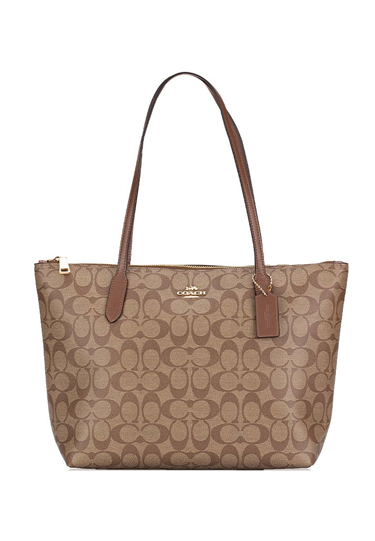 Coach Zip Top Tote In Signature Canvas Brown