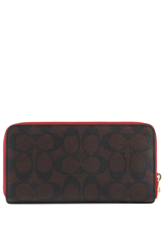 Coach Long Zip Around Wallet In Signature Canvas - Dark Brown/Red