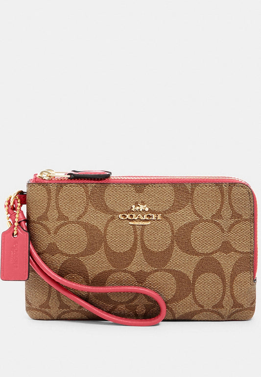 Coach Double Corner Zip Wristlet In Signature Canvas - Brown/Fuchsia
