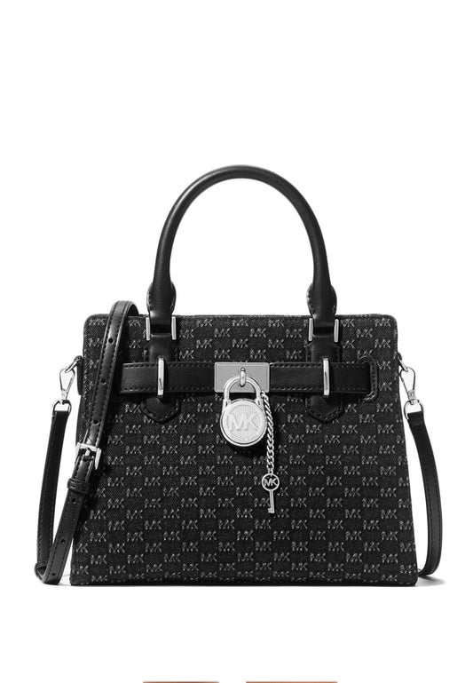Michael Kors Hamilton Small Logo Embossed Washed Denim Satchel - Black