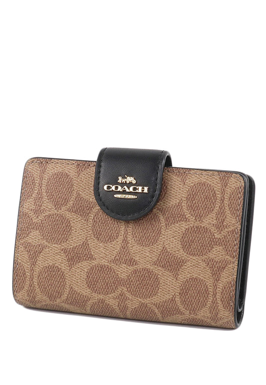 Coach Medium Corner Zip Wallet In Signature Canvas - Tan/Black