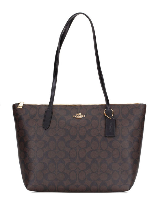 Coach Zip Top Tote Bag In Signature Canvas - Walnut/Black