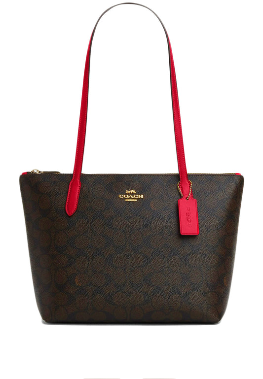 Coach Fiona Zip Tote Bag In Signature Canvas - Walnut/Bold Red