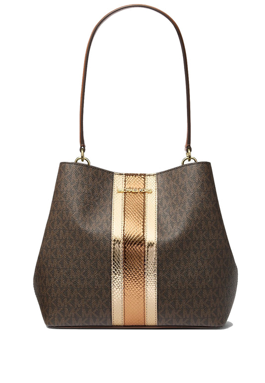Michael Kors Pratt Medium Signature Logo and Metallic Shoulder Bag - Brown