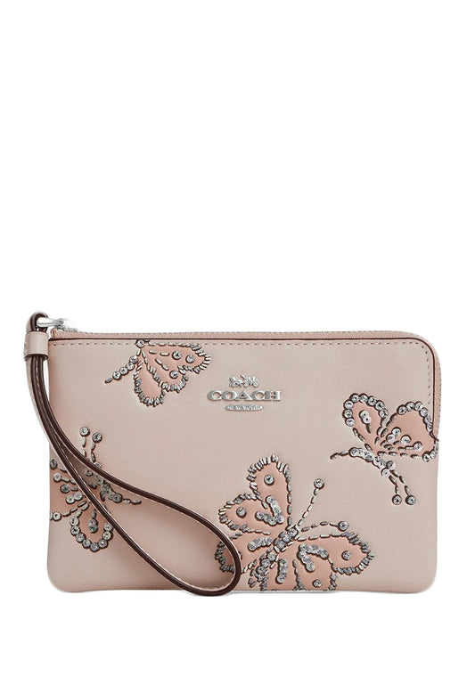 Coach Corner Zip Wristlet With Sparkly Butterfly Print - Seashell Pink