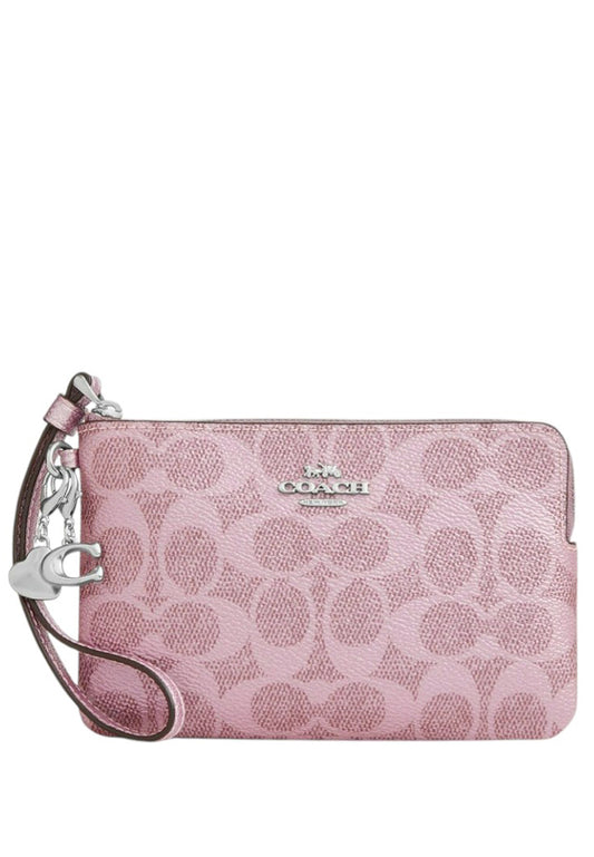 Coach Boxed Corner Zip Wristlet In Signature Canvas With Charms - Pink Rose