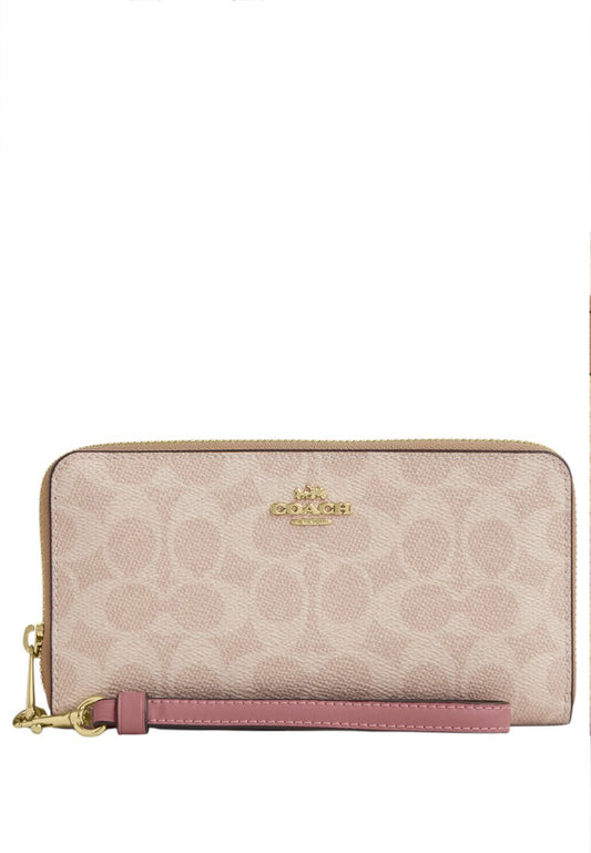 Coach Long Zip Around Wallet In Signature Canvas - Sand/Peony