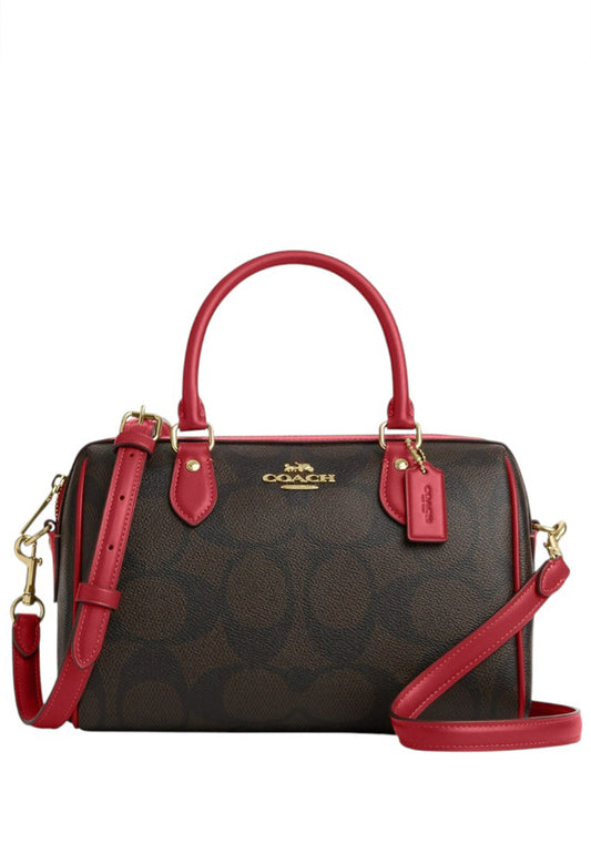 Coach Rowan Satchel Bag In Signature Canvas - Walnut/True Red