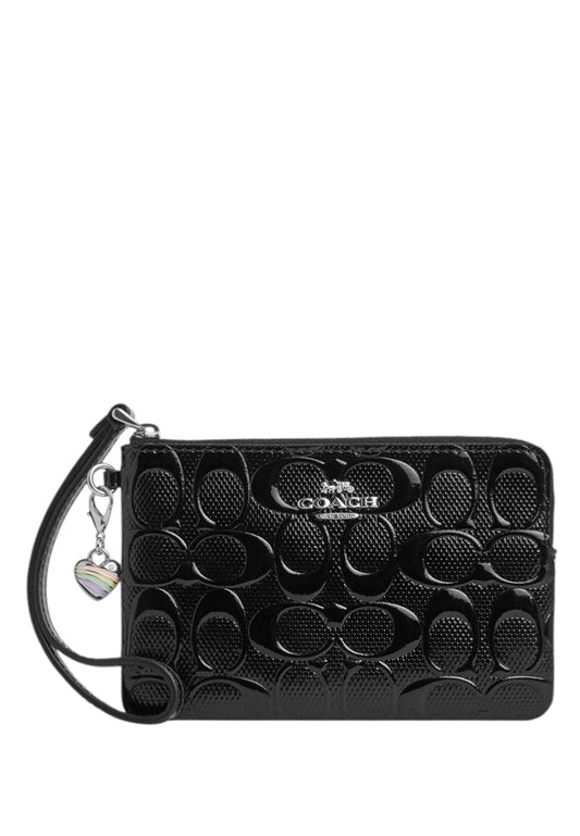 Coach Corner Zip Wristlet In Signature Leather With Heart Charm - Black