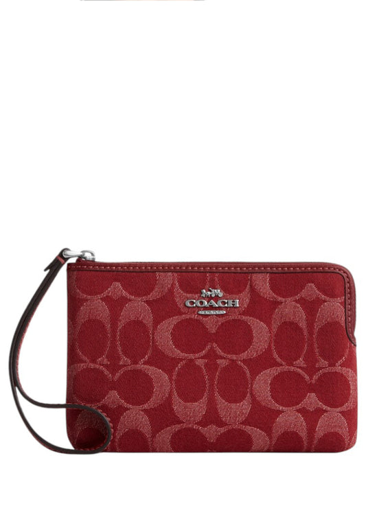 Coach Corner Zip Wristlet In Signature Denim - True Red