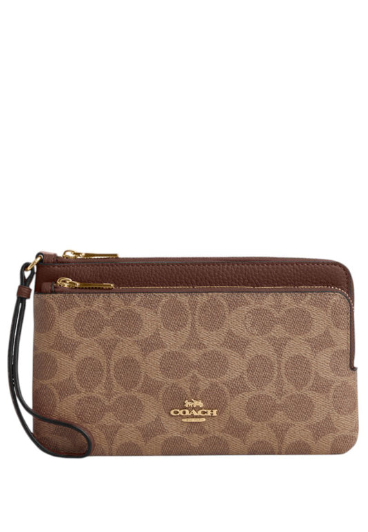 Coach Double Zip Wallet In Signature Canvas - Tan/Brown