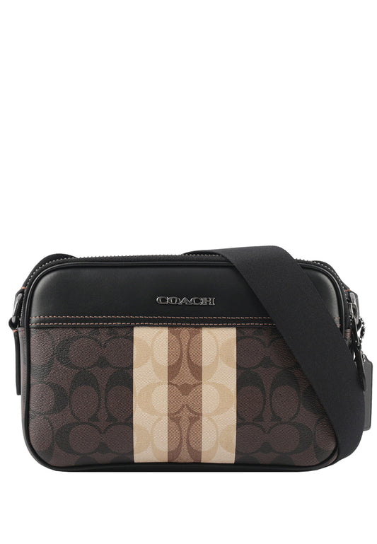 Coach Mens Graham Crossbody In Blocked Signature Canvas With Varsity Stripe - Mahogany