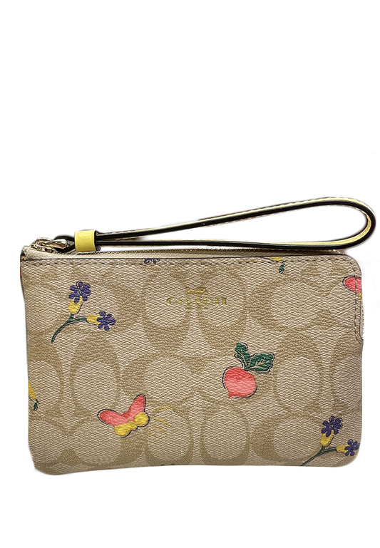 Coach Corner Zip Wristlet In Signature Canvas With Dreamy Veggie Print - Light Brown
