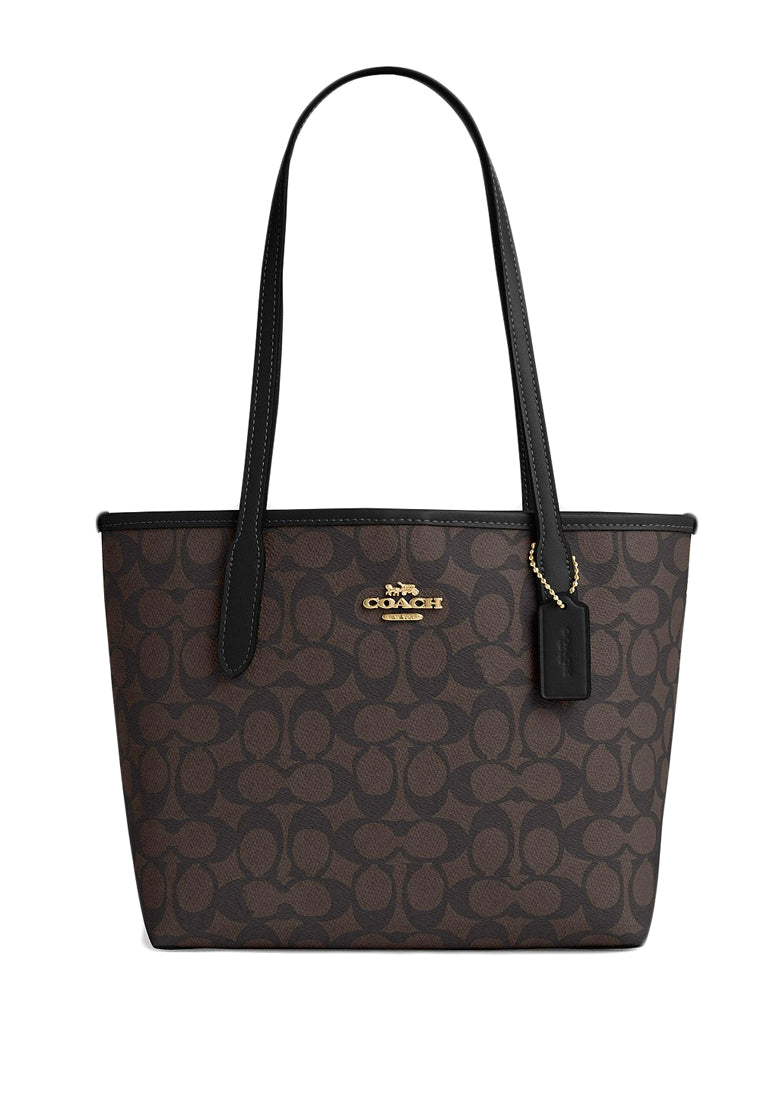 Coach Small City Tote Bag In Signature Canvas Walnut Black