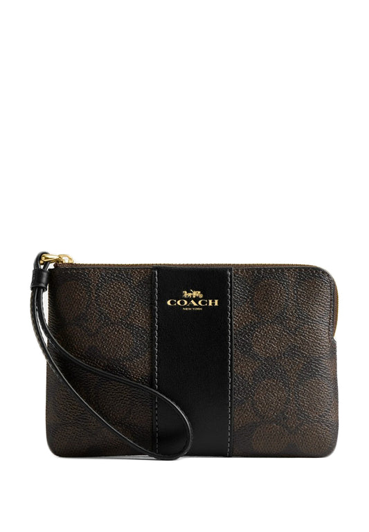 Coach Corner Zip Wristlet In Signature Canvas With Stripe - Walnut/Black