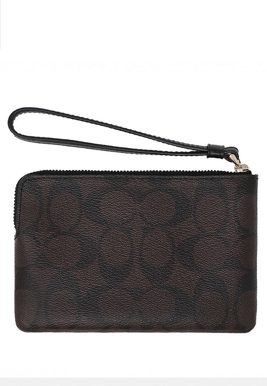 Coach Corner Zip Wristlet In Signature Canvas With Stripe - Walnut/Black