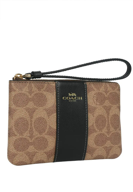 Coach Corner Zip Wristlet In Signature Canvas With Stripe - Tan/Black