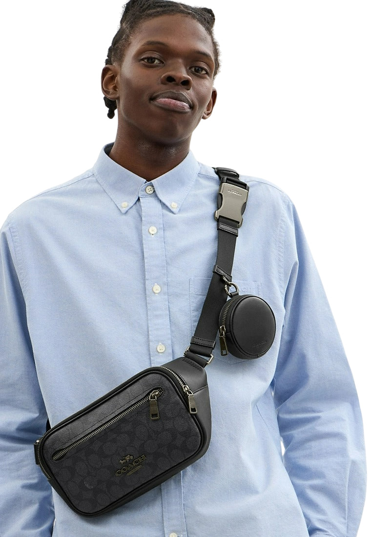 Coach Mens Elias Belt Bag In Signature Canvas - Charcoal/Black