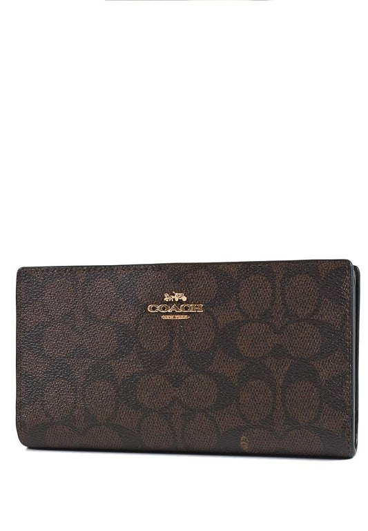 Coach Slim Zip Wallet In Signature Canvas - Walnut/Black