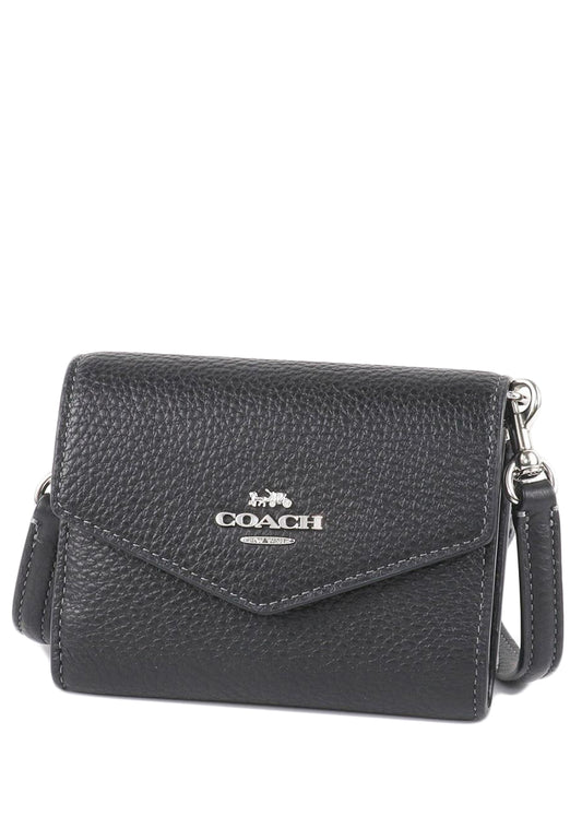 Coach Pebbled Leather Mini Envelope Wallet With Strap - Black