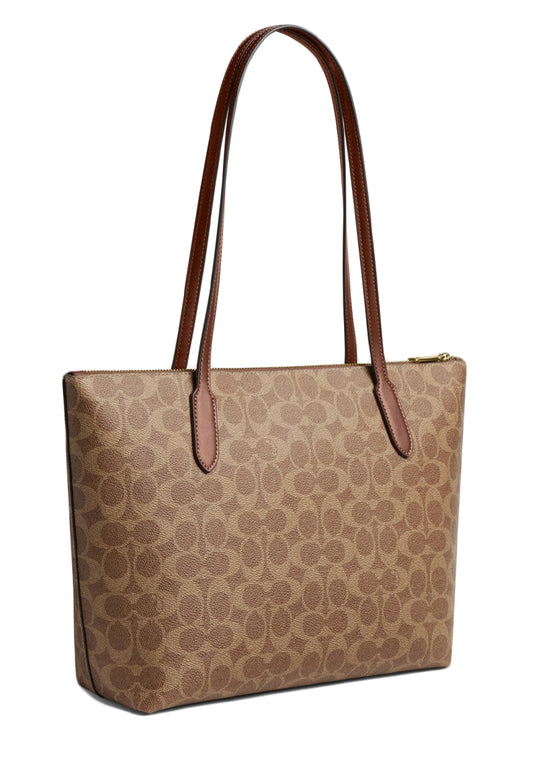 Coach Zip Top Tote Bag In Signature Canvas - Tan/Brown