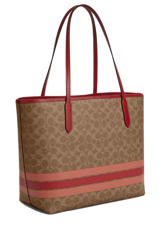Coach City Tote Bag In Signature Canvas With Stripe - Tan Multi