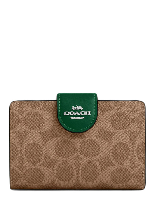 Coach Medium Corner Zip Wallet In Signature Canvas - Brown/Shamrock Green