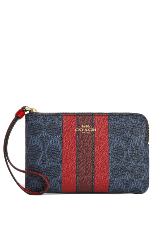 Coach Corner Zip Wristlet In Signature Canvas With Varsity Stripe - Denim/Bold Red