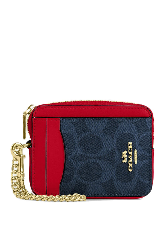 Coach Zip Card Case In Signature Canvas - Denim/Bold Red