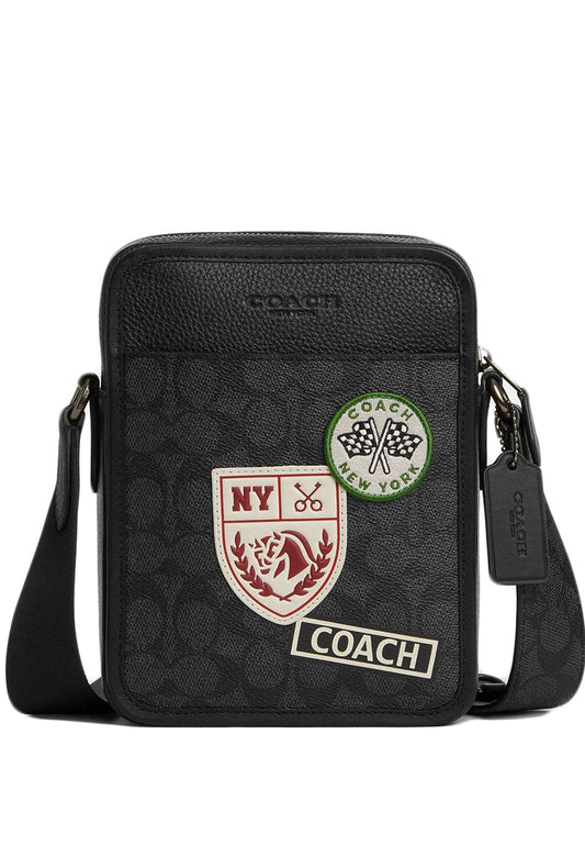 Coach Mens Sullivan Crossbody Bag In Signature Canvas With Patches - Gunmetal/Charcoal