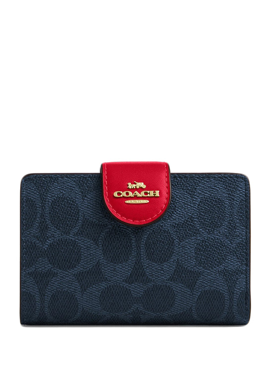 Coach Medium Corner Zip Wallet In Signature Canvas - Denim/Bold Red