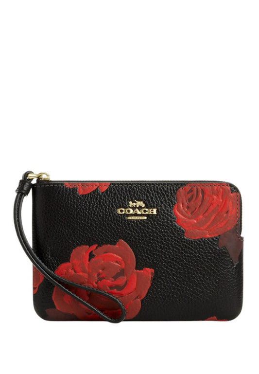 Coach Corner Zip Wristlet With Floral Print - Black/Red