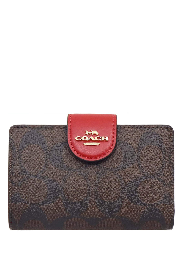 Coach Medium Corner Zip Wallet In Signature Canvas - Dark Brown/Red