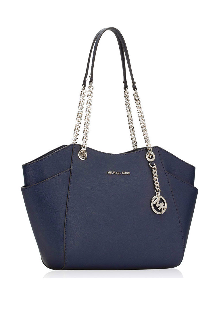 Michael Kors Jet Set Travel Large Chain Shoulder Leather Bag - Navy(Silver Logo)