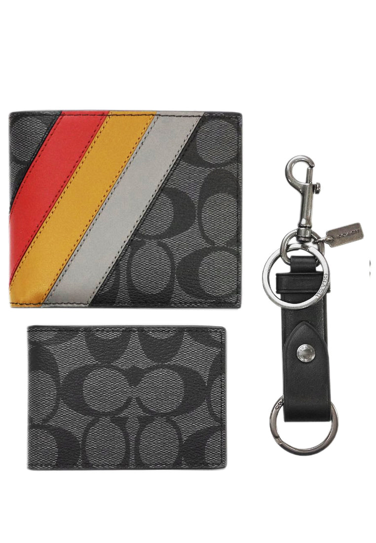 Coach Mens Boxed 3-In-1 Wallet Gift Set In Signature Canvas With Diagonal Stripe Print- Brown
