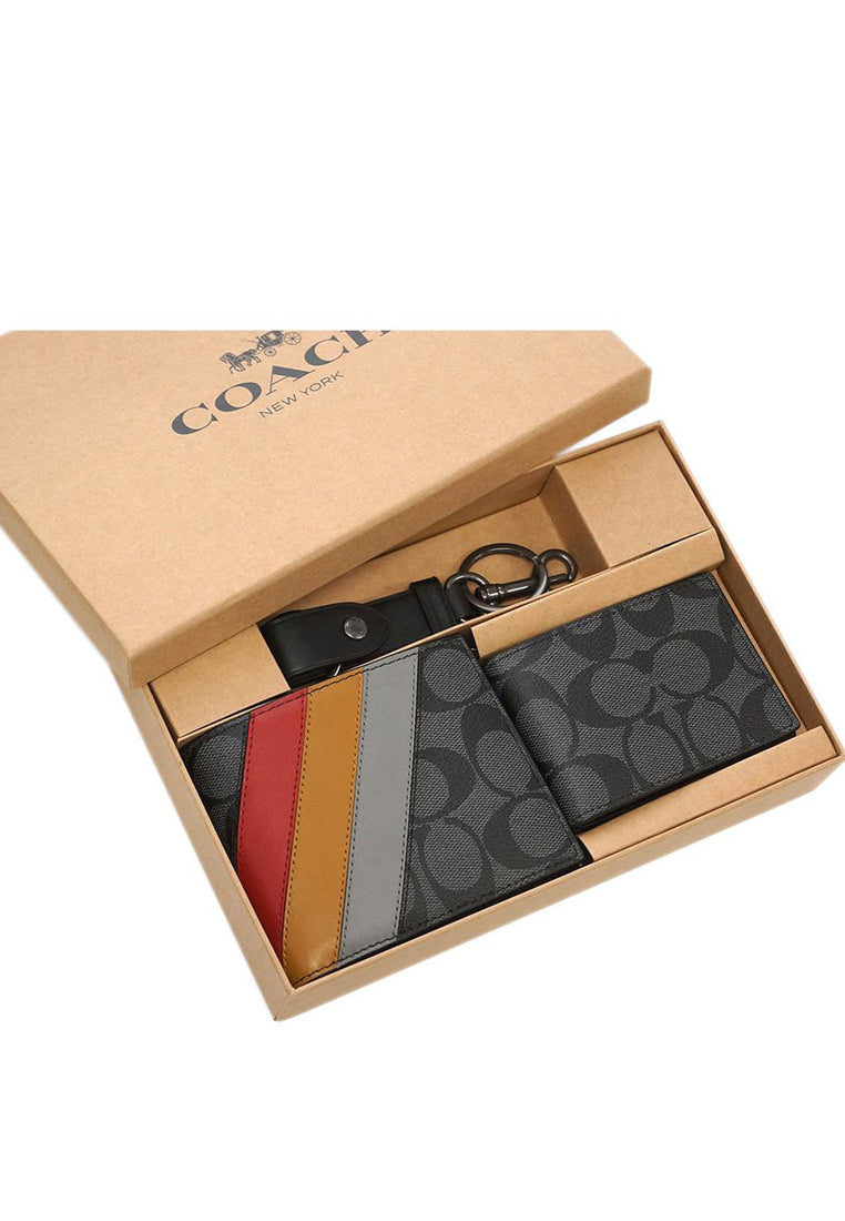 Coach Mens Boxed 3-In-1 Wallet Gift Set In Signature Canvas With Diagonal Stripe Print- Brown