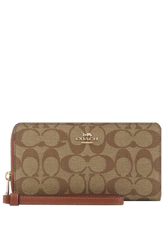 Coach Long Zip Around Wallet In Signature Canvas - Brown/Redwood