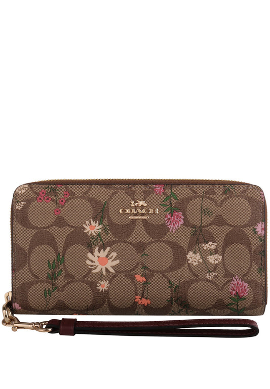 Coach Long Zip Around Wallet In Signature Canvas With Wildflower Print - Brown