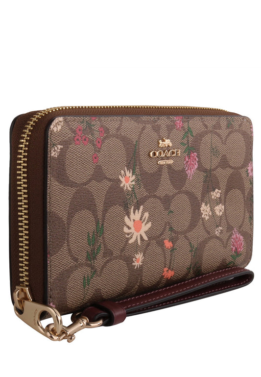 Coach Long Zip Around Wallet In Signature Canvas With Wildflower Print - Brown