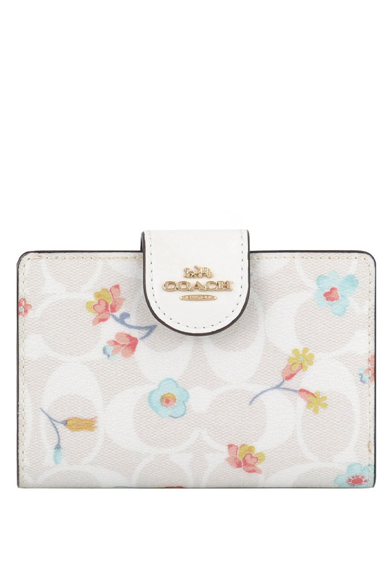 Coach Medium Corner Zip Wallet In Signature Canvas With Wildflower Print - White