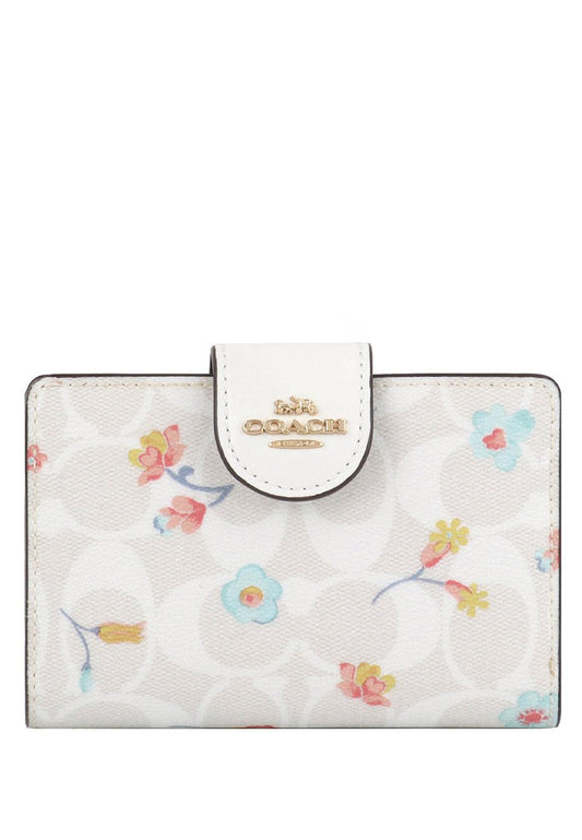Coach Medium Corner Zip Wallet In Signature Canvas With Wildflower Print - White