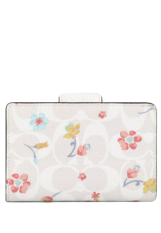 Coach Medium Corner Zip Wallet In Signature Canvas With Wildflower Print - White