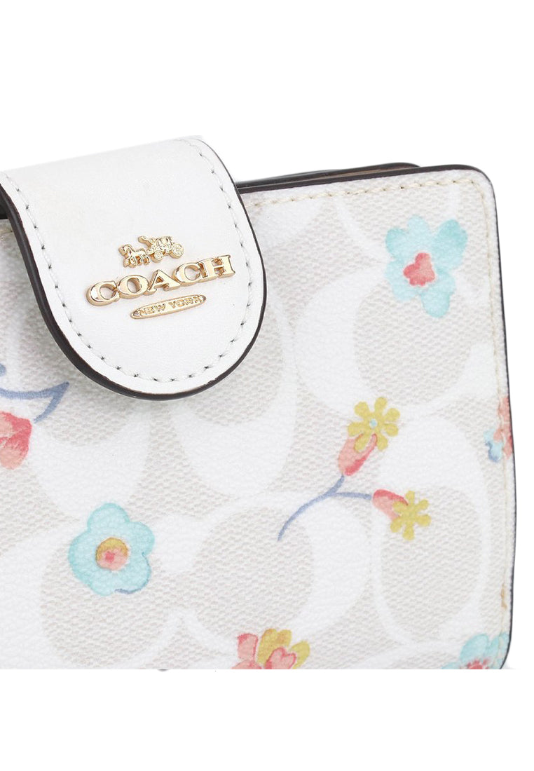 Coach Medium Corner Zip Wallet In Signature Canvas With Wildflower Print - White